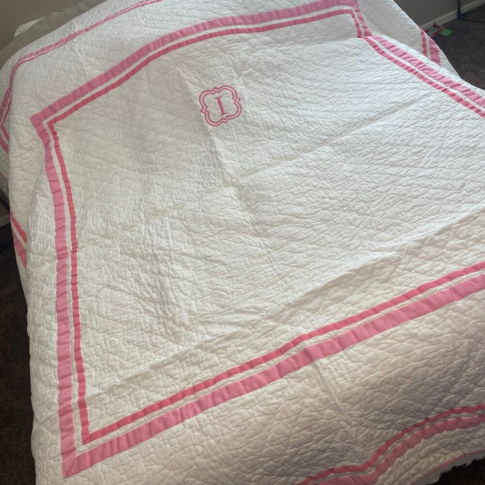 Pottery Barn Kids Monogram Cotton Quilt Full/Queen Size White Pink I Girls Room